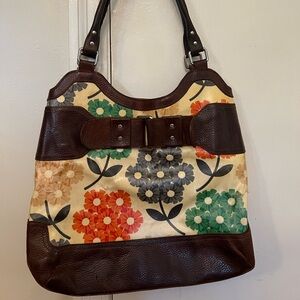 Orla Kiely Brown Leather Floral Bag with Yellow Interior